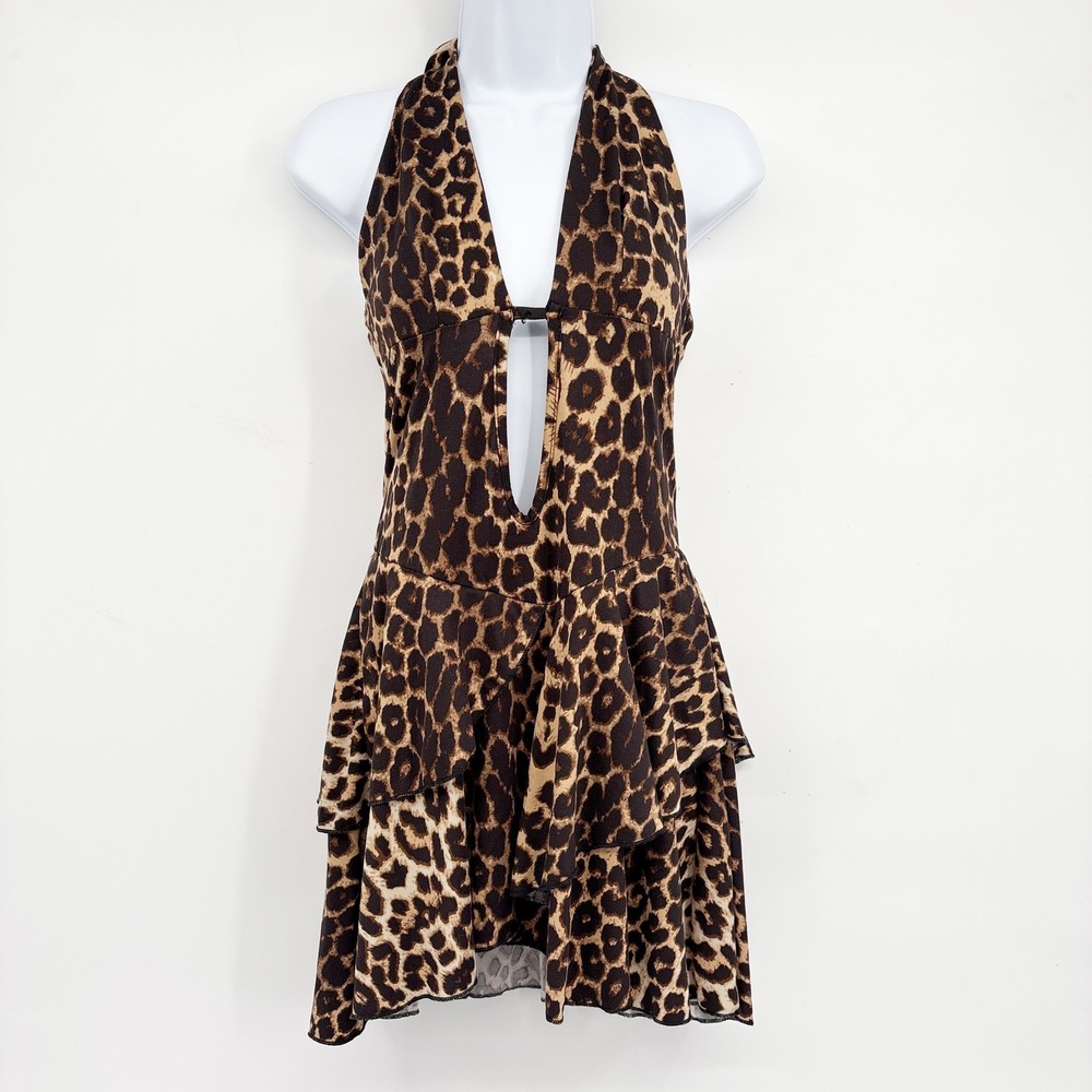 Romwe Womens Leopard Print Jersey Shore Halter Ruffle Skort Romper Dress Size M